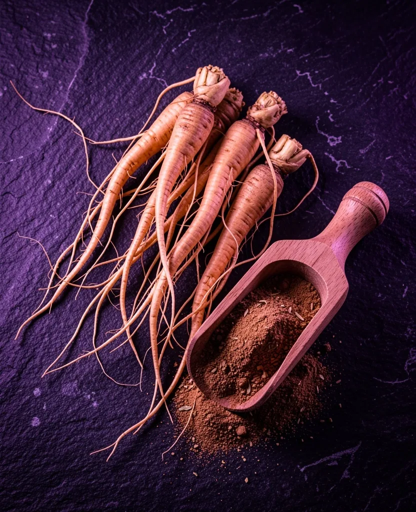 Ashwagandha root and ginseng on a dark surface