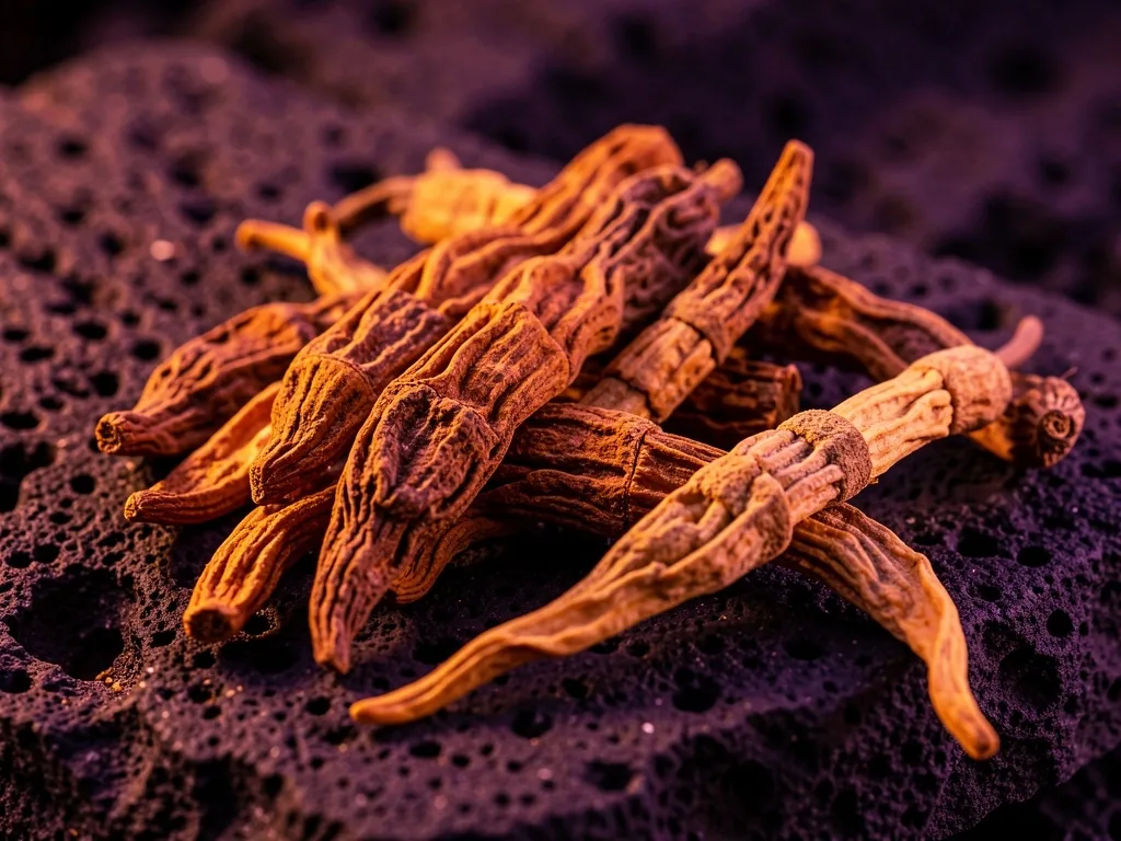 Maca root and cordyceps on dark stone