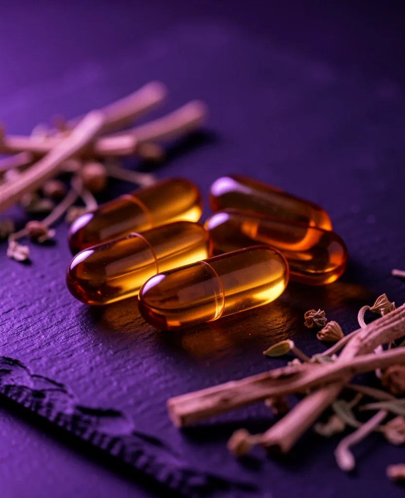 Natural supplement capsules arranged on a dark surface